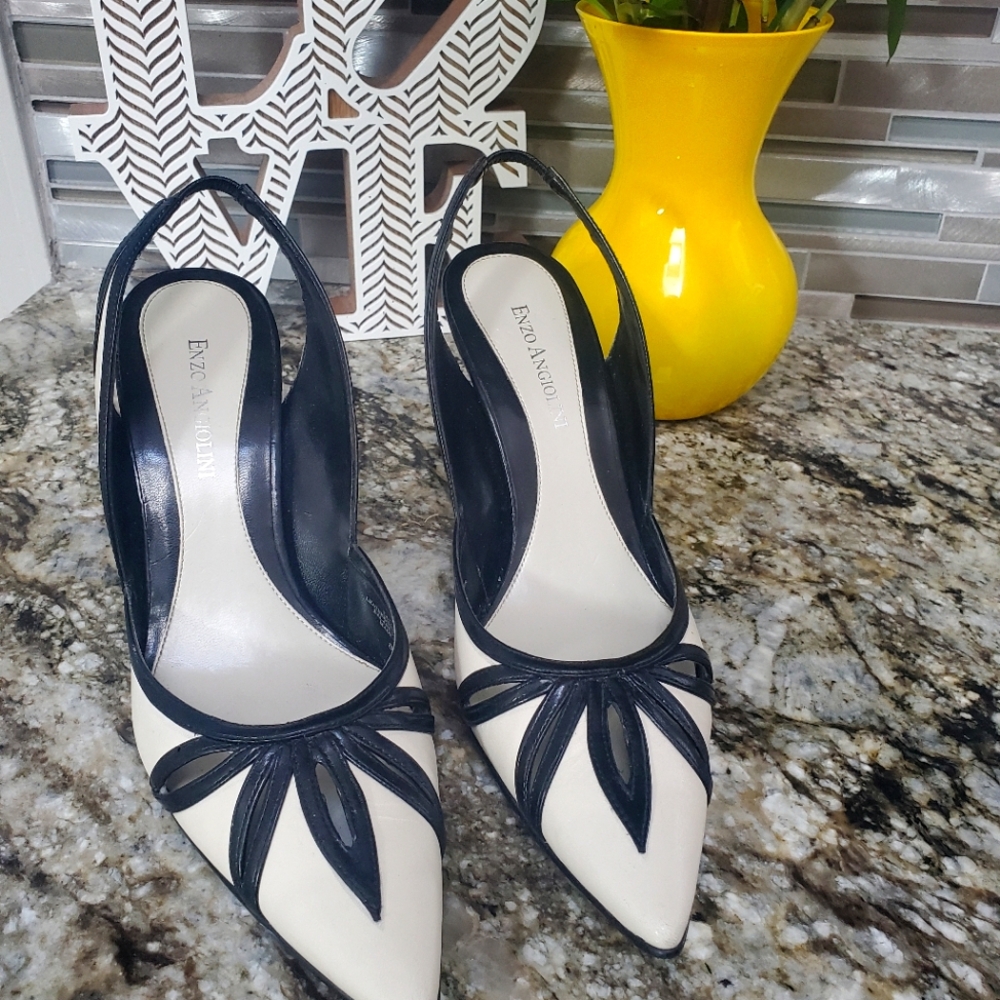Beautiful Designed Ivory /Black sling back shoes,  size 8 1/2 M